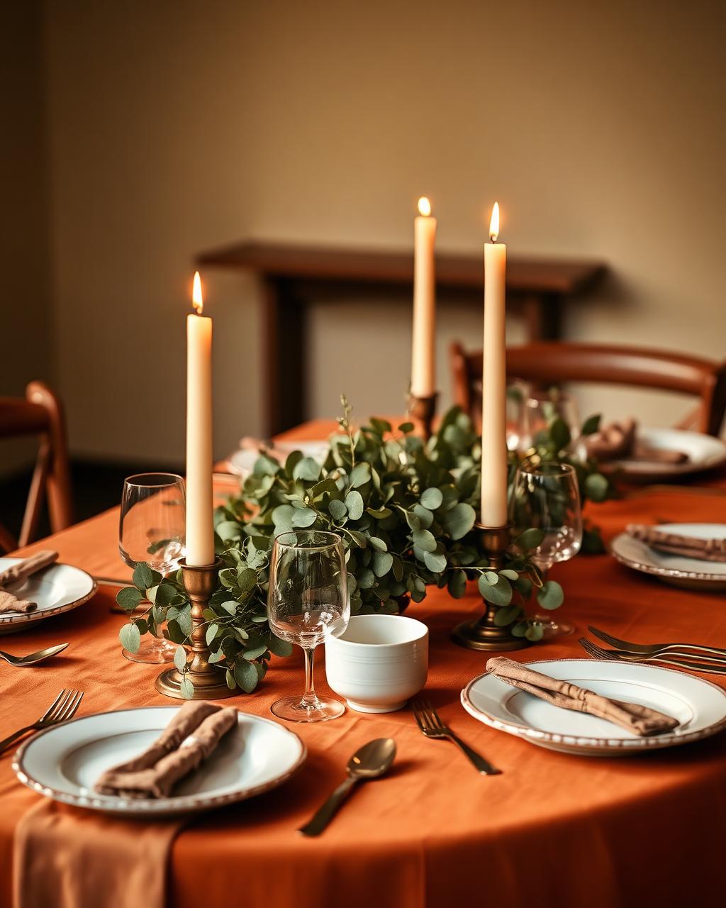 Intimate dinner table styled in terracotta and sage