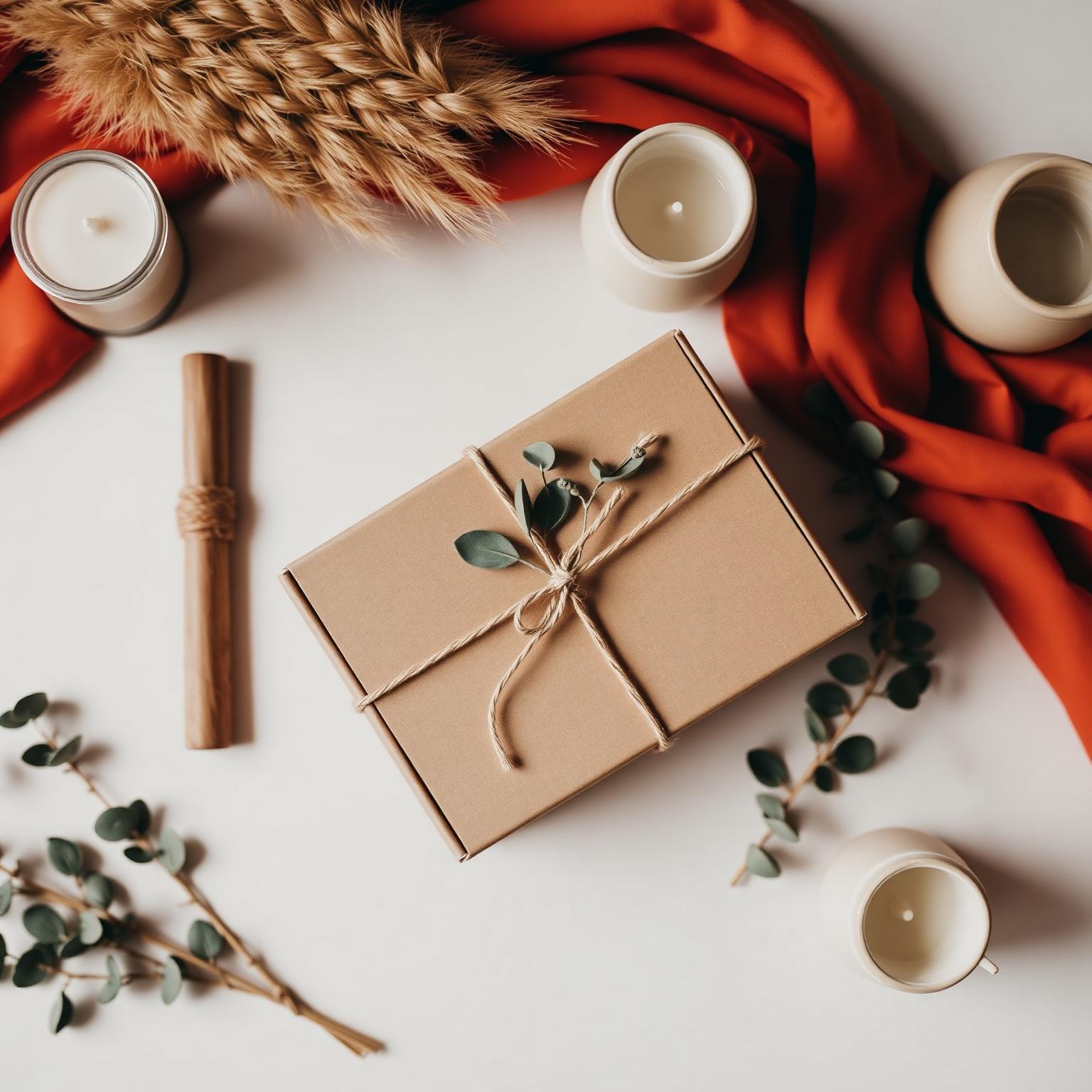 Curated terracotta and sage event styling with personalized gift box