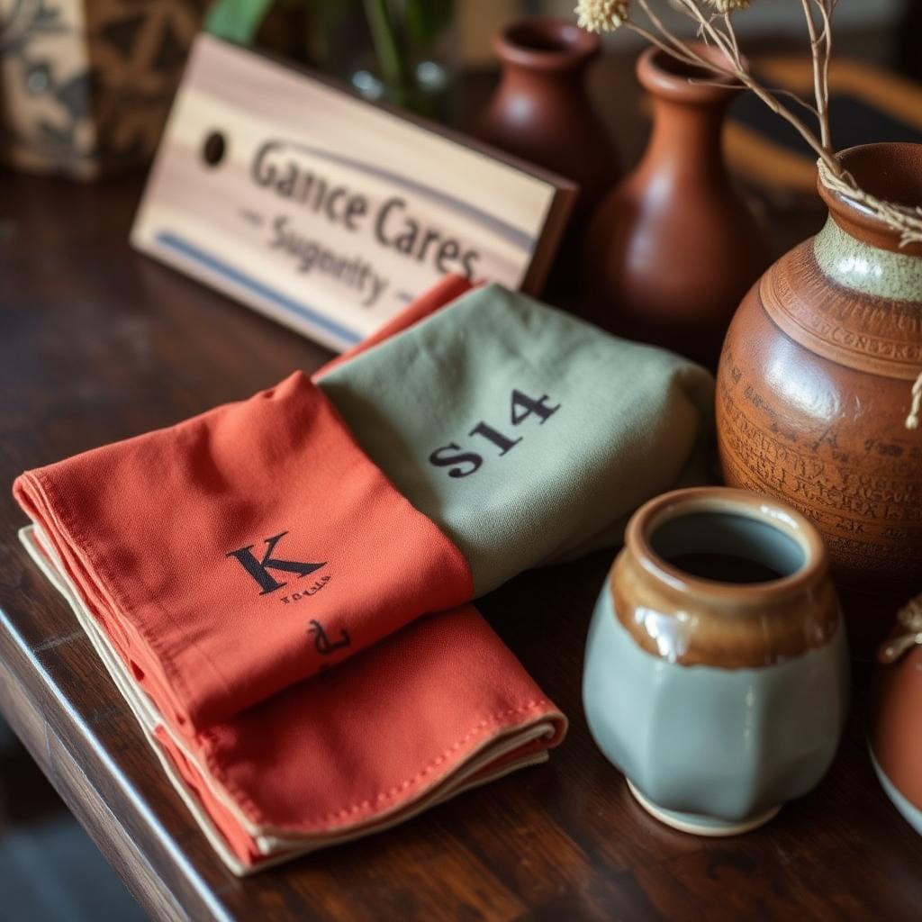 Monogrammed napkins and ceramic vessels in earthy palette